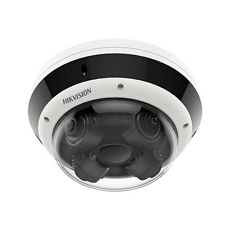 Weiße Hikvision Dome-Kamera mit mehreren Objektiven unter einer klaren Kuppel vor weißem Hintergrund.