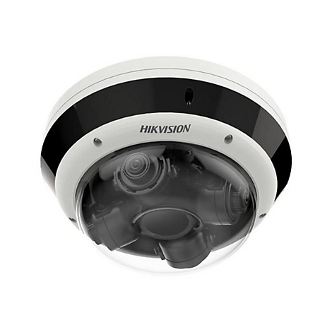 Weiße Hikvision Überwachungskamera als runde Dome-Kamera mit mehreren Objektiven unter einer transparenten Kuppel.