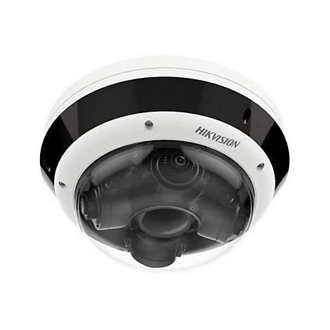 Weiße Hikvision Multikamerasystem-Kuppelkamera mit mehreren Objektiven unter einer transparenten Kuppel.