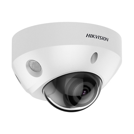 Weiße Hikvision Dome-Überwachungskamera vor neutralem Hintergrund.