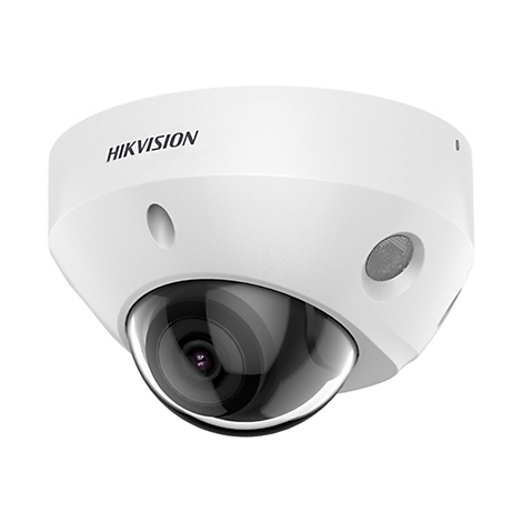 Weiße Hikvision Kuppel-Überwachungskamera vor weißem Hintergrund.