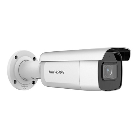 Weiße Hikvision Bullet-Überwachungskamera vor weißem Hintergrund.