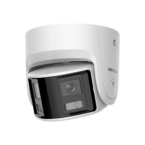 Weiße Hikvision Überwachungskamera mit schwarzer Linsenfront vor weißem Hintergrund.