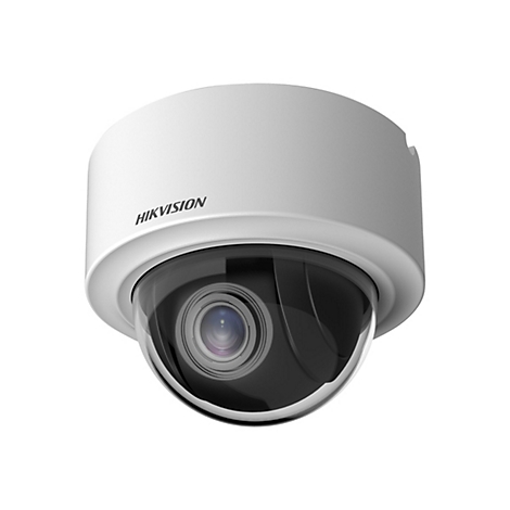 Weiße Hikvision Kuppelkamera für die Deckenmontage mit schwarzer Glaskuppel vor weißem Hintergrund.