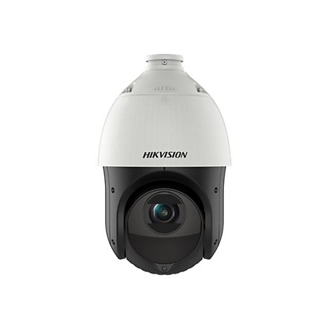 Weiße Hikvision PTZ-Überwachungskamera mit schwarzem Kamerakopf vor weißem Hintergrund.