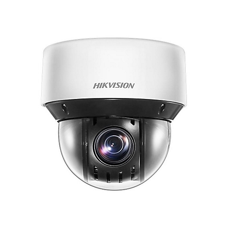 Weiße Hikvision Dome-Überwachungskamera vor weißem Hintergrund.