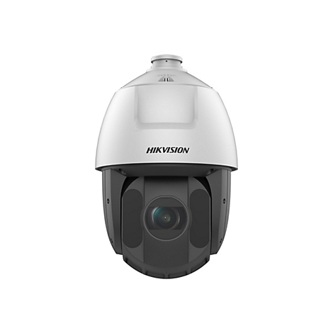 Weiße und dunkelgraue Hikvision Überwachungskamera als PTZ-Kuppelmodell vor weißem Hintergrund.