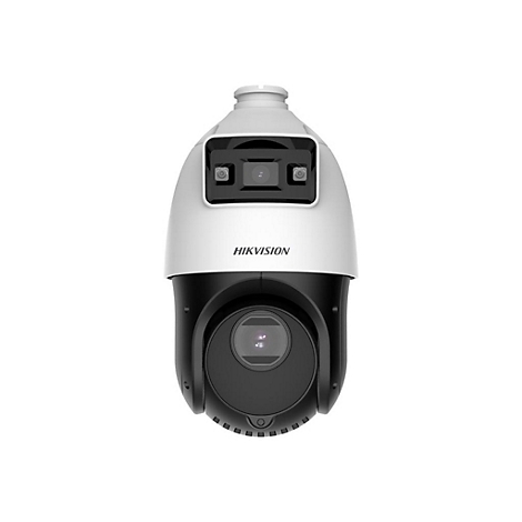 Hikvision Überwachungskamera mit weißem Gehäuse oben und schwarzem drehbarem Objektivbereich unten.