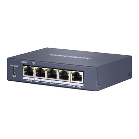 Ein dunkelgrauer Netzwerk-Switch mit mehreren Ethernet-AnschlÃ¼ssen. Die Bezeichnung Hikvision ist zu sehen.