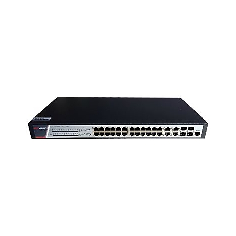 Schwarzer Hikvision Netzwerk-Switch mit silberner Frontseite, vielen Ports und Status-LEDs auf weißem Grund.