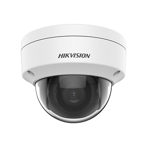 Weiße Hikvision Dome-Überwachungskamera vor weißem Hintergrund.