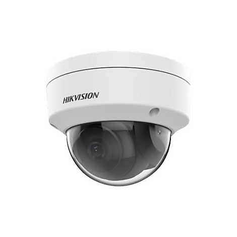 Weiße Hikvision Kuppelkamera für Deckenmontage vor weißem Hintergrund.