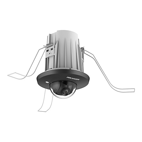 Weiße Hikvision Einbau-Überwachungskamera mit schwarzer Blende und zwei Federklammern vor weißem Hintergrund.