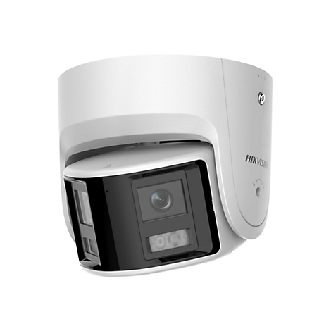 Weiße Hikvision Überwachungskamera mit schwarzem Objektivbereich auf weißem Hintergrund.