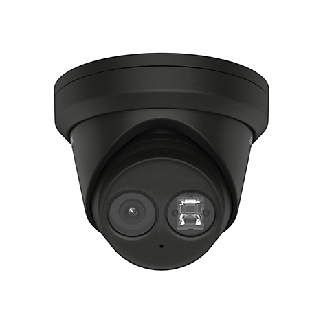 Schwarze Überwachungskamera im Turret-Design vor weißem Hintergrund mit Linse und LED-Licht.