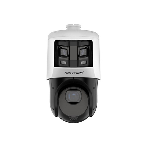 Weiße und schwarze Hikvision Überwachungskamera vor weißem Hintergrund.