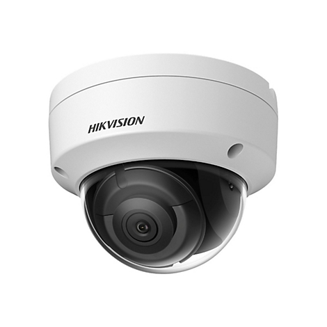 Weiße Hikvision Dome-Überwachungskamera vor neutralem Hintergrund.