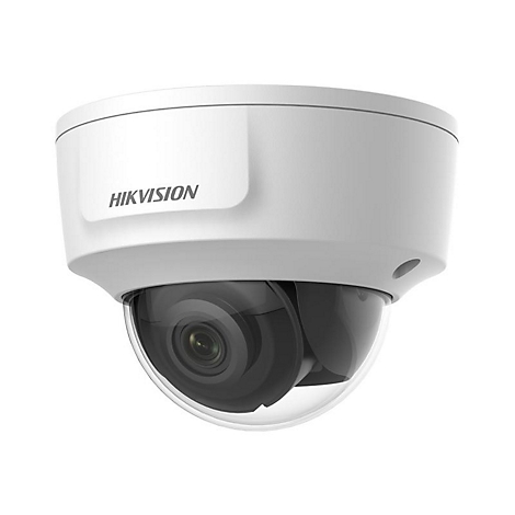 Weiße Hikvision Überwachungskamera als Kuppelmodell vor weißem Hintergrund.