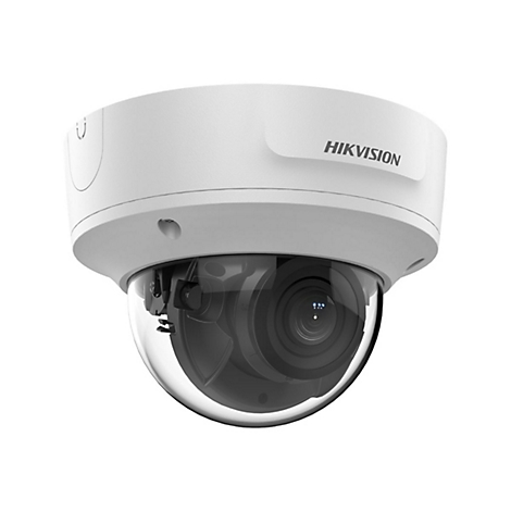Weiße Hikvision Kuppelkamera für Deckenmontage vor weißem Hintergrund.