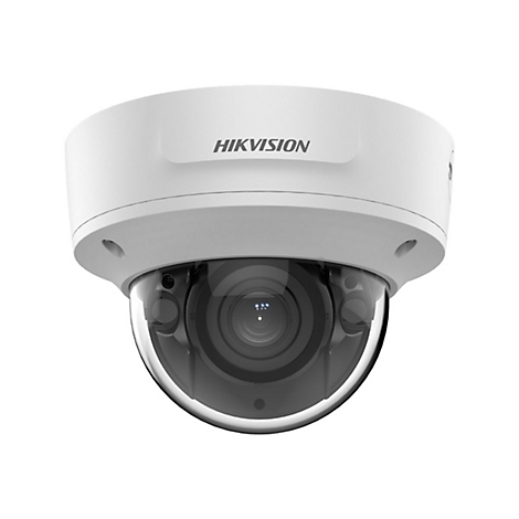 Weiße Hikvision Dome-Überwachungskamera vor weißem Hintergrund.