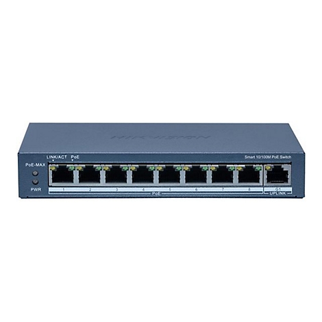 HIKVISION Smart 10/100M PoE Switch mit acht PoE-Ports und einem Uplink-Port auf weißem Hintergrund.
