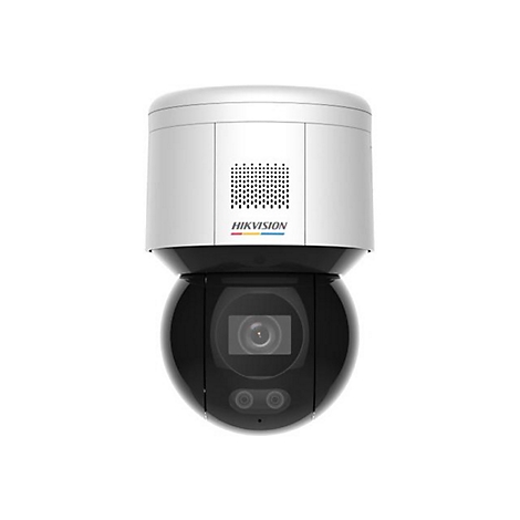 Weiße Hikvision Überwachungskamera mit schwarzer, schwenkbarer Glaskuppel vor weißem Hintergrund.