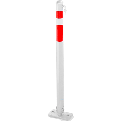 White and red bollard with rounded top and base plate.
