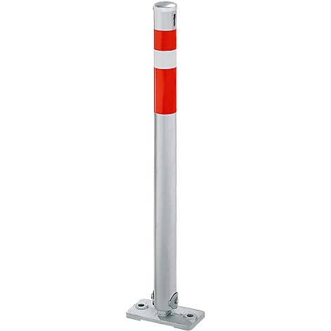 Gray bollard with red and white stripe, standing on a rectangular base plate.