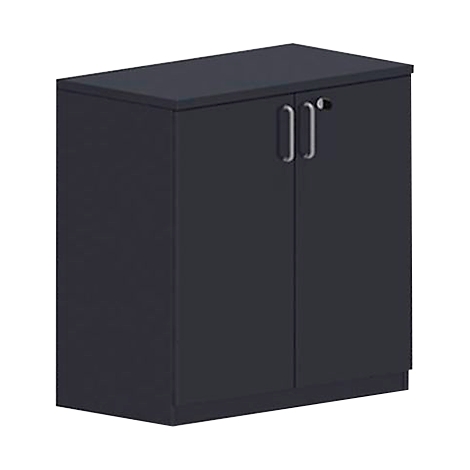 Dark blue cabinet with two doors and silver handles. A lock is on one door.