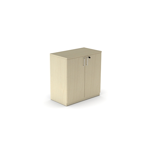 Beige cabinet with two doors, silver handles and lock.