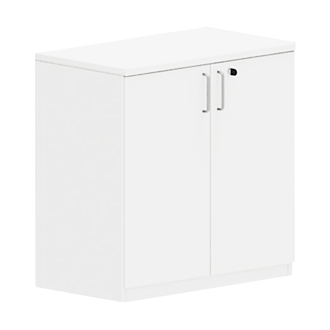 White cabinet with two doors, two silver handles, and a lock.