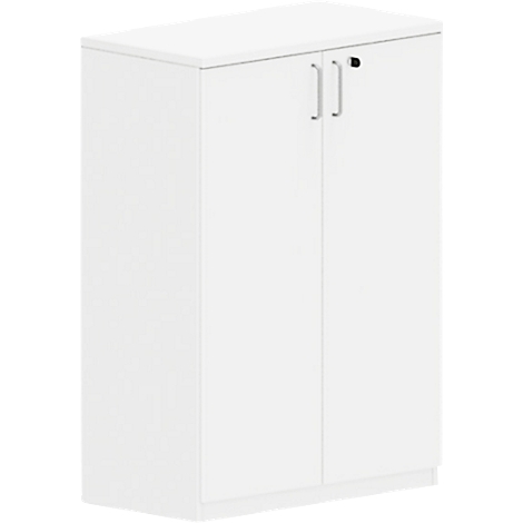 White cabinet with two doors, silver handles, and a lock.