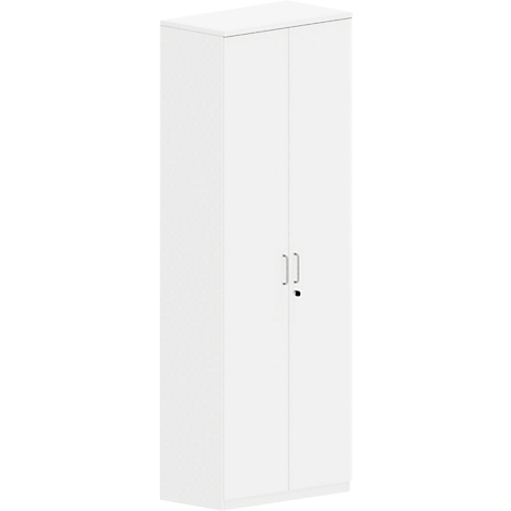 A white cabinet with two doors, two handles, and a keyhole.