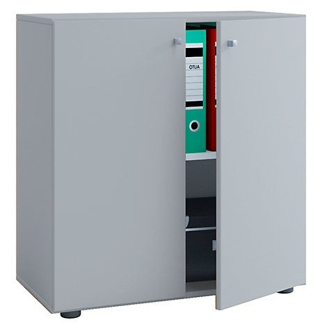 Gray cabinet with open door, binders visible.