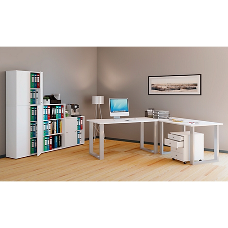 A modern office with a white desk, filing cabinet and a computer.