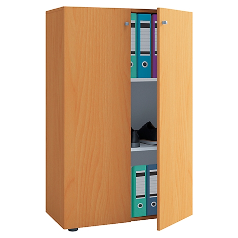 Light brown cabinet, doors open. Folders stand in shelves. On a shelf stands a black shoe.