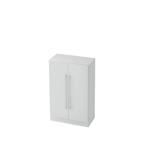 White cabinet with two doors and silver handles.