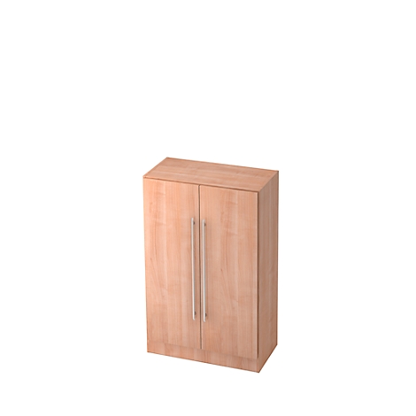 A light brown cabinet with two doors and silver handles against a white background.