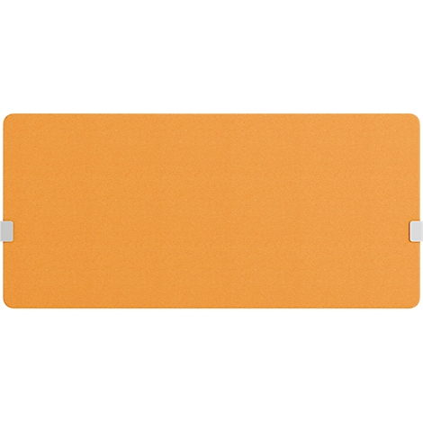 Rechteckige orangefarbene Unterlage mit abgerundeten Ecken. An den kurzen Seiten befinden sich kleine, helle, rechteckige Elemente.
