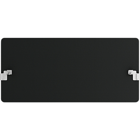 Schwarzes, rechteckiges Schild mit abgerundeten Ecken, an den kurzen Seiten je ein silberner Halter.