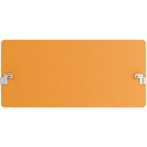 Rechteckige orangefarbene Platte mit zwei Metallklammern an den Seiten.