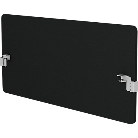 Schwarze Schallschutzwand mit Halterungen, rechteckige Form, abgerundete Ecken.