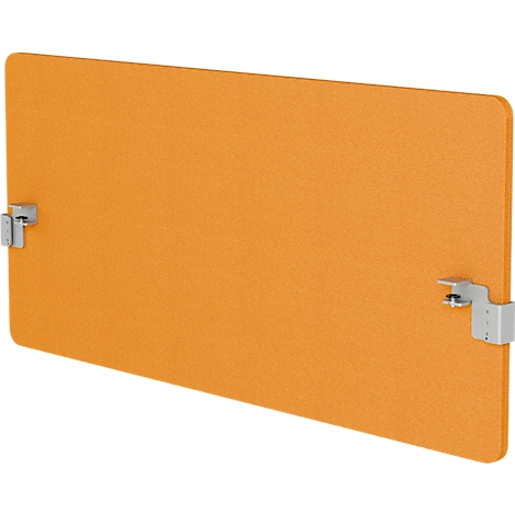 Orangefarbene Schallschutzwand mit zwei silberfarbenen Halterungen.