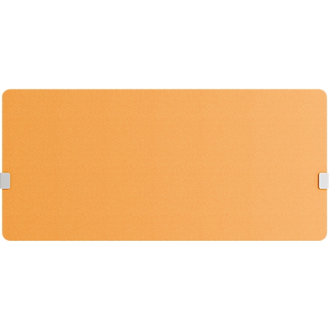 Ein rechteckiges, orangefarbenes Element mit zwei weißen Clips.