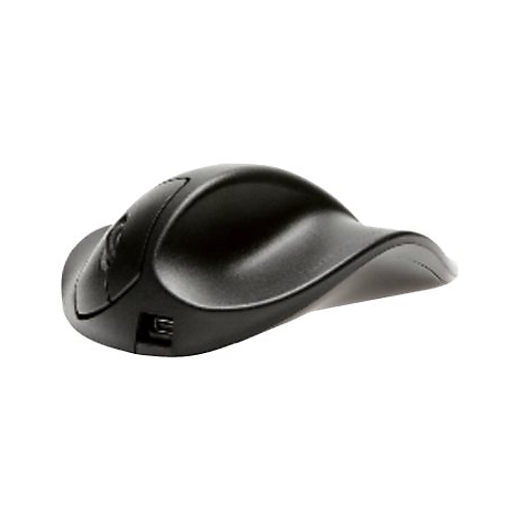Schwarze ergonomische Maus, geschwungenes Design, USB-Anschluss.