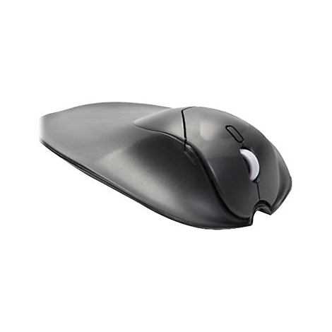 Schwarze Computermaus, ergonomisch geformt. Scrollrad und Tasten in Hellgrau.