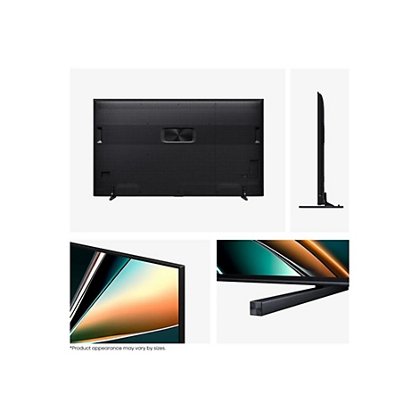Rückseite und Seitenansicht eines schwarzen Fernsehers sowie Detailaufnahmen vom Displayrahmen und Standfuß.