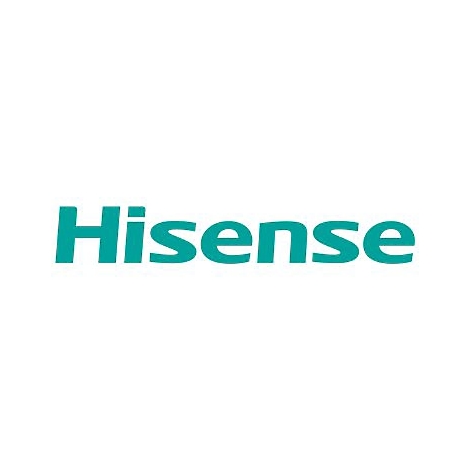 Türkisfarbener Hisense-Markenschriftzug auf weißem Grund.
