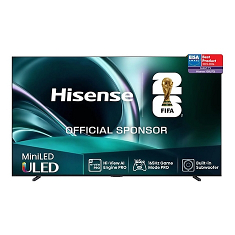 Hisense 100U7Q Fernseher mit FIFA-Branding, EISA-Award-Siegel und technischen Spezifikationen wie MiniLED und 165Hz.