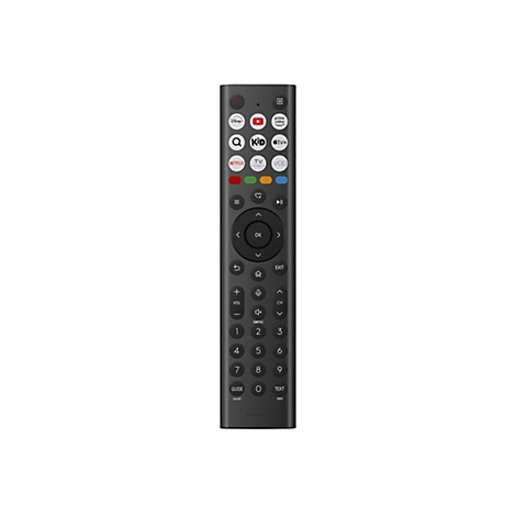 Schwarze Hisense-Fernbedienung mit vielen Tasten für Streaming-Dienste, Lautstärkeregelung und Ziffernfeld.